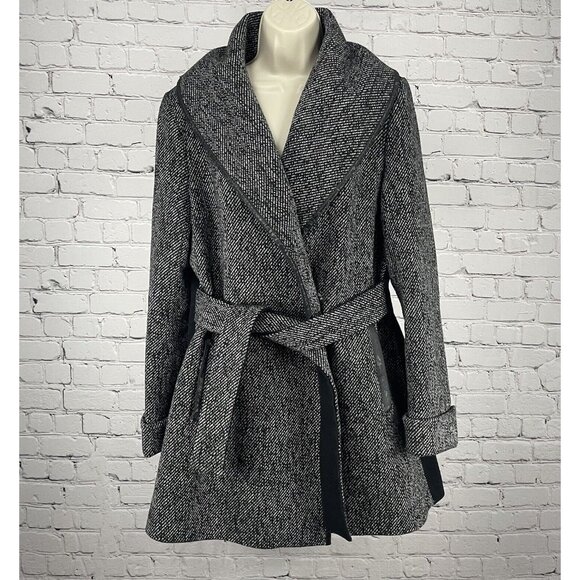 Trina Turk Black Wool Blend Weave Belted Snap Button Wrap Coat Size XL - Picture 1 of 16
